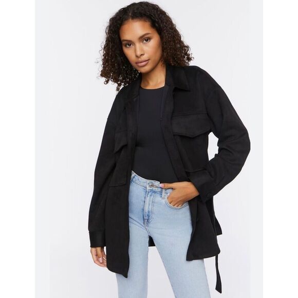 Forever 21 sz MEDIUM faux suede trench coat jacket BLACK belted button wrap NWT - Picture 1 of 4